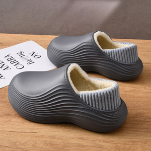 Home Slippers Fleece Lined Thick Sole Warm Slip On Solid Color EVA Flat <b>Heel</b> <b>White</b> Black Gray Light Brown Size 40-45 - Product Image 2