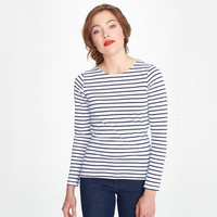 T-shirt à rayures à manches longues coupe ajustée pour femmes Classic-Crewneck Tops with Button Decoration Scoop Neck Tee