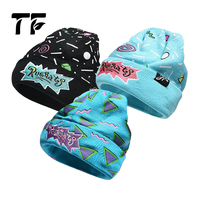 Bonnet en tricot acrylique chaud d'hiver avec logo personnalisé imprimé sur toute la surface, style rétro années 90, hip-hop, avec patch brodé sur le revers