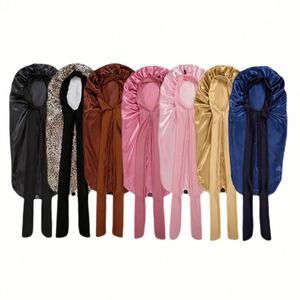 Bonnet en satin long personnalisé avec logo et bande à nouer, grand bonnet pour tresses, bonnet de nuit soyeux, ensemble sac et bonnet pour femme, cadeau promotionnel - Product Image 2
