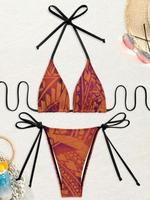 Ensemble de bikini triangle à imprimé tribal polynésien personnalisé, couleur turquoise ombré, avec liens sur les côtés, maillot de bain deux pièces pour femmes