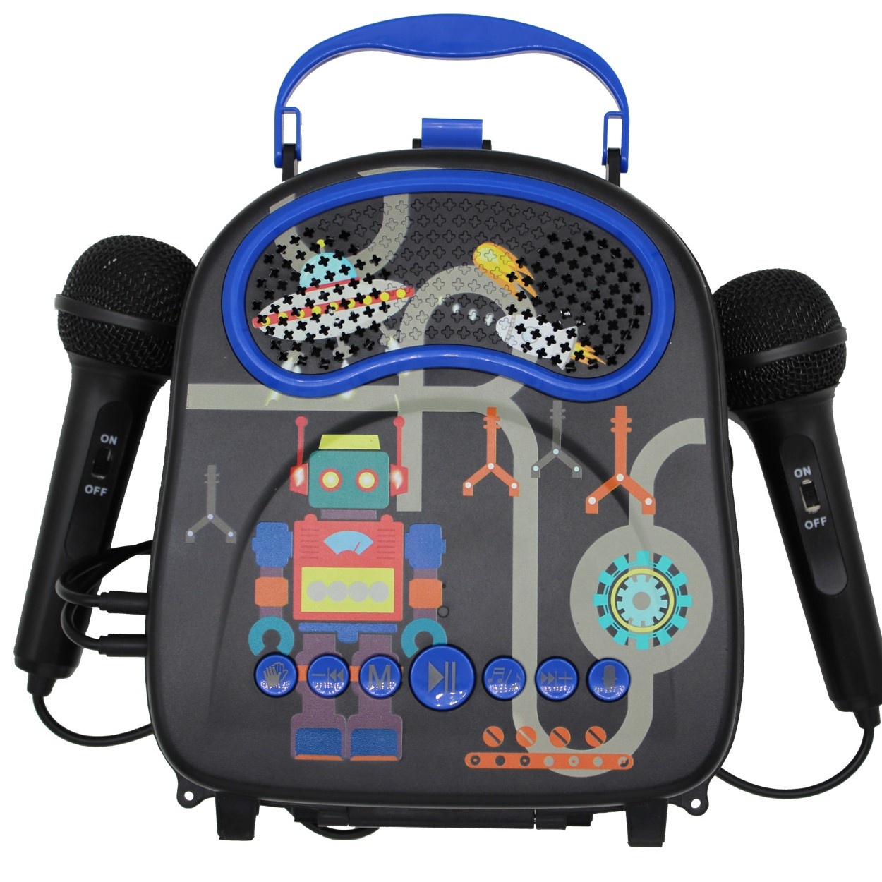 Портативный мини-черный робот для мальчиков, Детская караоке-машина для детей, музыкальный динамик, инструмент для малышей, два микрофона
