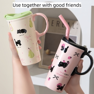 Mug Keramik Berkualitas Tinggi, Promo Panas! Cangkir Kopi dengan Sedotan dan Tutup, Cangkir Air Lucu dengan Pegangan - Product Image 6