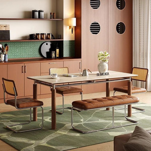 โต๊ะรับประทานอาหารทรงสี่เหลี่ยมผืนผ้าไม้เนื้อแข็งสไตล์บาวเฮาส์ สีวอลนัท เฟอร์นิเจอร์บ้านสไตล์นอร์ดิกสมัยใหม่ โครงสร้างแข็งแรง ดีไซน์แบบผสมผสาน - Product Image 1