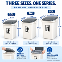Série de poubelles manuelles à couvercle rabattable en plastique 20L 30L 50L pour cuisine, buanderie, garage
