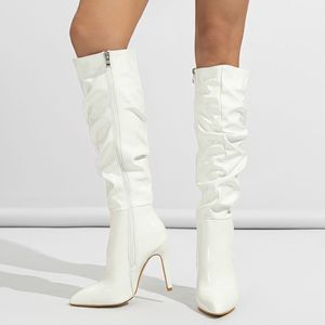 Wrinkle Western Style Botas De Tacon Fall Winter Knee High Stiletto Heel PU Leather Fashion Woman Boots - Product Image 2