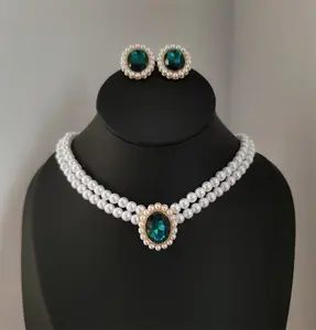 Fashion Vintage Elegant Pearl Necklace green Grandmother Emerald Double Layer Collar pearl Chain Necklace Earrings Jewelry