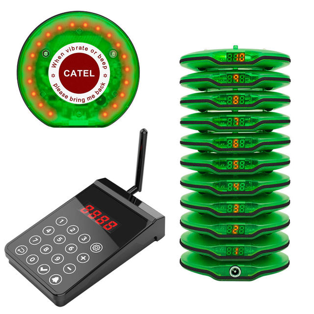 CATEL CTP203R Wireless White Cafe Clinic Restaurant Guest Coaster Calling System 1 Charger Base 1 Keyboard Transmitter 10 Pagers