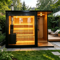 Cabine de sauna extérieure de style villa et de parc, en bois massif, avec fenêtres à baies vitrées et espace douche, pour 4 à 6 personnes, pour jardin.