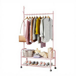 Pink Metal <b>Clothing</b> <b>Rack</b> with Wheels Double Tier Storage Shelf for Living Room Modern Multifunctional Wardrobe <b>Stand</b> - Product Image 6