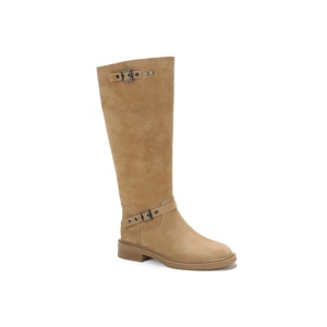 Stivali al ginocchio da donna in <span class=keywords><strong>camoscio</strong></span> marrone chiaro, con punta tonda e tacco basso, cinturino a doppia fibbia, stivali casual da equitazione per uso quotidiano - Product Image 2