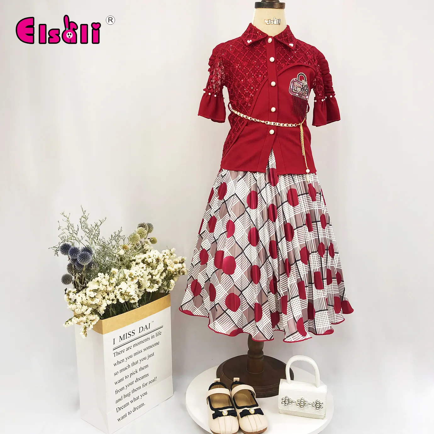 Elsali Clothing African Design 4-12years girl dress casual 2 piece set of shirt and skirt for girl kids