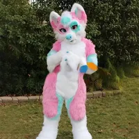Costume de renard rose à longue fourrure unisexe pour adulte, mascotte de fête, carnaval, festival, en peluche, avec casque inclus, pour célébrations de Noël