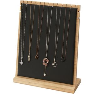 Justsoso Bamboo Necklace <b>Display</b> Stand Wood Jewelry Holder Black Pu Modern Rectangular Tabletop Organizer - Product Image 1