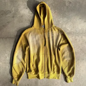 Individuelle gelbe waffel textur gestrickt vintage sonne verblasst hoodie sweatshirt pullover übergroße reißverschluss bis waffel hoodies