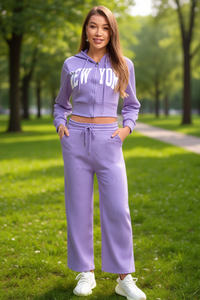 Tuta da donna viola con cappuccio, in cotone, vestibilità ampia, con coulisse e tasche laterali, stile primaverile - Product Image 2