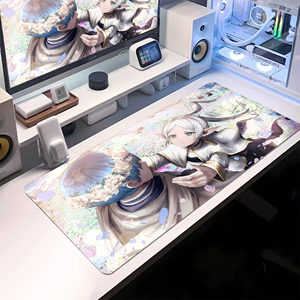 Grand tapis de bureau esthétique nature vert avec des filles elfes de la forêt, tapis de souris de jeu étendu style anime, tapis de clavier avec bords cousus - Product Image 3