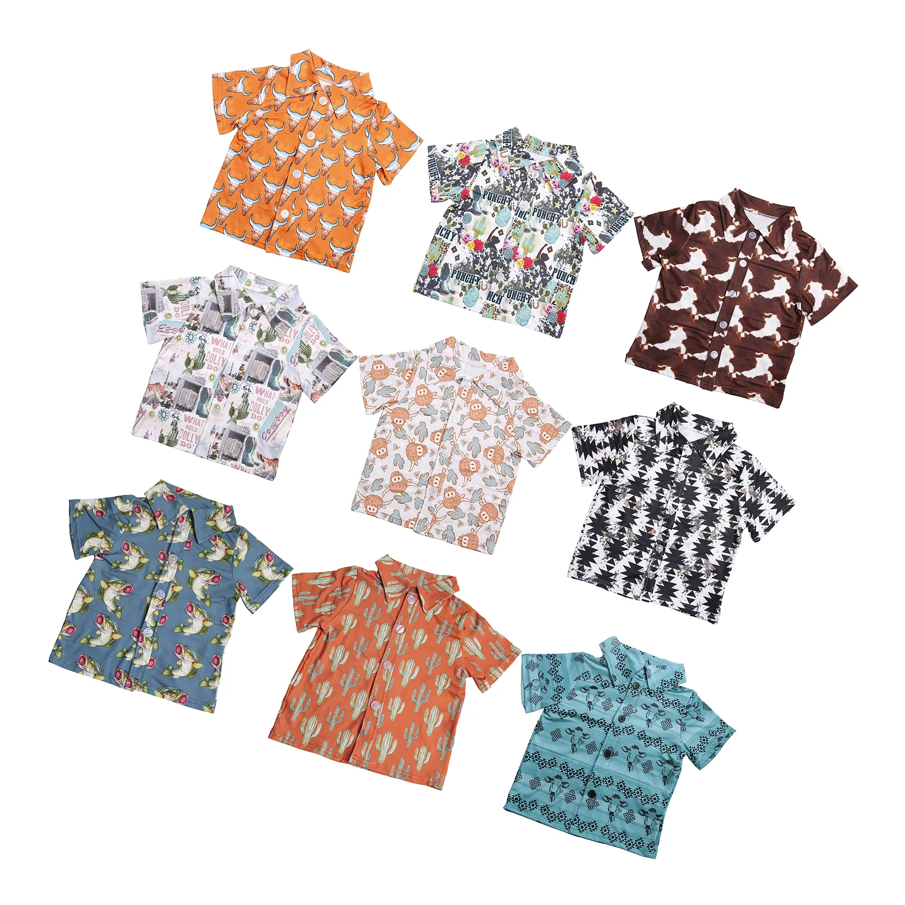 Chemise à motif en gros de haute qualité pour enfants hauts chemises boutons à manches courtes garçons t-shirts hauts