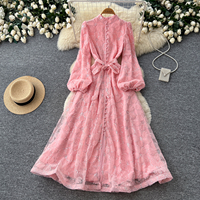 Gaun Midi A-line Berkerah Tegak Elegan untuk Wanita, Lengan Panjang Model Lentera, Berikat Pinggang, Payet, Renda Floral, Kancing Depan, untuk Pesta Musim Semi/Gugur