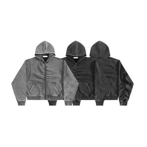 Sudadera con Capucha KingSen OEM para Hombre, Lavada al Ácido, Bordada, Sólida, Transpirable, con Cierre, de Algodón, Felpa Francesa, Gruesa, Vintage, Estilo Hip Hop - Product Image 5