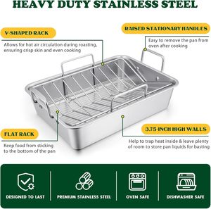 <span class=keywords><strong>Teglia</strong></span> per Arrosto di Tacchino e Pollo in Acciaio Inox Profonda con Griglia a V e Piatta con Manici per Cucina - Product Image 2