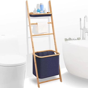 Estante de escalera de bambú con barra de secado y cesta de cesto de tela, manta de bambú independiente, soporte de suspensión para Baño - Product Image 1