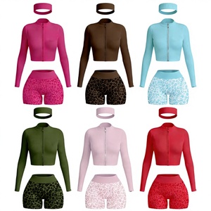 Conjunto Deportivo Casual <span class=keywords><strong>de</strong></span> Dos Piezas para <span class=keywords><strong>Mujer</strong></span>, Shorts Ajustados por Encima <span class=keywords><strong>de</strong></span> la Rodilla con Chaqueta Estampada - Product Image 2