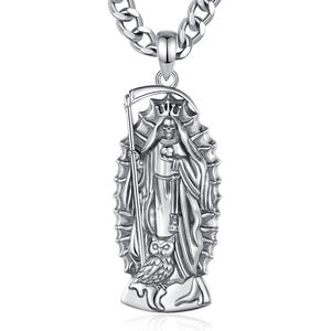 Merryshine 925 Sterling Silver Pulsera De <span class=keywords><strong>La</strong></span> Patron Amulette Médaille Saint Santa Muerte Jésus Crâne Charme Pendentif Collier pour Hommes - Product Image 1