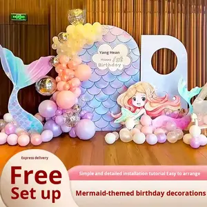 Décoration de scène d'anniversaire sur le thème de la princesse sirène, décoration de fête d'anniversaire pour filles, premier anniversaire, banquet, ballon, fond de mur KT - Product Image 2