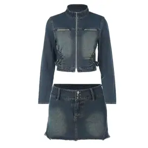 Women's New Spring/Summer Two Piece Set Sexy Denim Jacket with Sleeve Zipper Fashionable Top for Men and Women