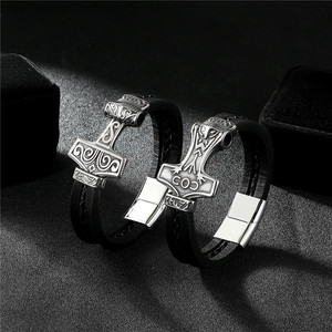 Pulsera con Cabeza de Lobo y Martillo de Thor para Hombre, Estilo Vintage, Aleación Plateada Antigua, Cadena de Eslabones, Joyería, Regalo - Product Image 2