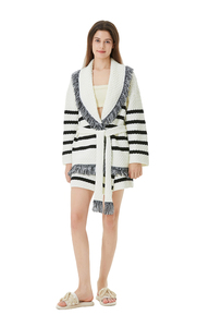 <span class=keywords><strong>Cardigan</strong></span> Invernale da Donna, Nuovo Design Personalizzato, Stile Vintage a Righe Bianche e Nere, Misto <span class=keywords><strong>Lana</strong></span> con Frange Bohémien - Product Image 2