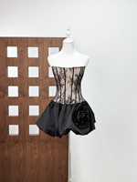 Nouvelle Robe Mini Élégante sans Bretelles en Dentelle Florale Printemps-Été pour Femme avec Corset et Baleines, Ornée de Roses en Tissu 3D