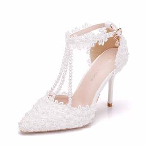 BS060 Scarpe da Sposa Bianche con Fiore in Pizzo 9cm, Sandali da <span class=keywords><strong>Donna</strong></span> con Cinturino alla Caviglia, Scarpe a Stiletto a Punta - Product Image 4