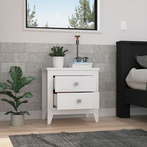 DB DEPOT-Mesita de noche blanca moderna de mediados de siglo, dos cajones de madera maciza con cuatro patas para uso en apartamentos - Product Image 2