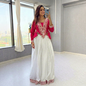 Women Red Black Designer <b>Lehenga</b> Set | Embellished Crop <b>Top</b> with White Flared Skirt | Party & Wedding Wear | Wholesale Indian Et - Product Image 1