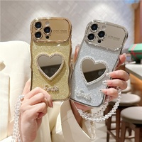 Coque de téléphone pour filles en TPU souple électroplaqué, antichoc, protection des quatre coins, paillettes dorées, avec miroir, dragonne et béquille
