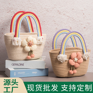 Bolso de Mano de Cuerda de Algodón Tejida Arcoíris, Bolso Tipo Cubo para Mujer con Decoración Floral, Ligero, para Bodas y Playa, Verano 2023 - Product Image 2