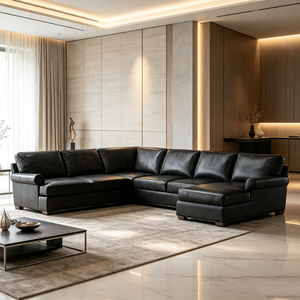 Sofá modular de cuero genuino de 6 plazas con brazos enrollados estilo vintage, chaise longue acolchada, sofá seccional para el hogar, hotel o espacio de relajación. - Product Image 1