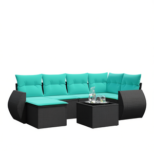 7 Piece Black Poly <b>Rattan</b> Garden <b>Sofa</b> Set With Cushions Outdoor Furniture Contemporary Style 6 Seater - Product Image 1