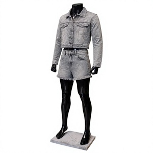 Ensemble deux pièces unisexe en jean délavé style motard vintage avec strass, veste courte et short, idéal pour l'été - Product Image 1