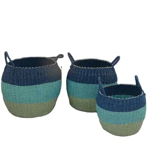 Big colorful household hand woven beautiful paper rope multifunctional basket wholesale set of 3 in soft weave with ear handle