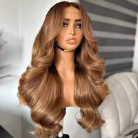 Perruque Lace Frontale Ondulée Blond Miel avec Mèches, Perruque Longue Ondulée en Cheveux Humains Doux et Soyeux