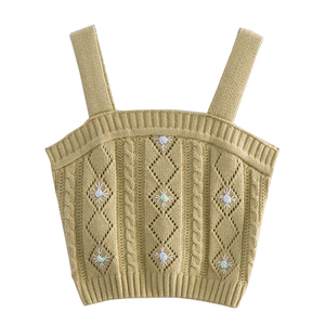 2024 femmes été tricoté <span class=keywords><strong>gilet</strong></span> Cool mode <span class=keywords><strong>sans</strong></span> manches pull brodé fleur conception personnalisable - Product Image 3