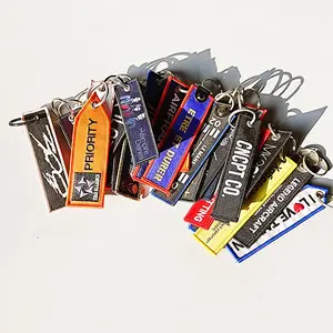 Gantungan kunci Promosi & karabiner kustom bordir dengan Logo perusahaan nama kain Label gantungan kunci rantai
