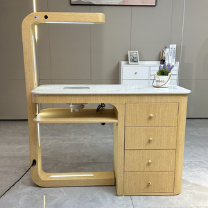 Modern <b>Simple</b> Wooden Color Single Nail Table with LED Light and Drawers White Stone Top Manicure Lamp <b>Desk</b> Nail Table for Nail - Product Image 2