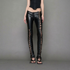 <b>Black</b> <b>Lace</b> Genuine Leather Pants High Waist Gothic Straight Full Length Eco-Friendly Winter Clubwear Button Fly Breathable - Product Image 1