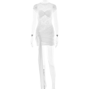 Robe de cocktail moulante pour femme, mini, en dentelle, col rond, couleur unie, ajourée, transparente, avec ruban, origine Yiwu FDC1291 - Product Image 5