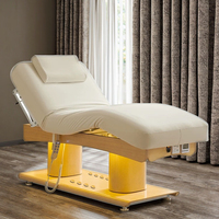 Lit de salon de beauté moderne et confortable en acier inoxydable beige de luxe, 3 moteurs, table de massage électrique, chaise de soin du visage, spa corporel