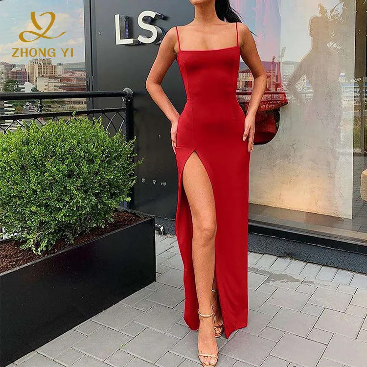 Custom Summer Women Fashion Style Design Sexy Sleeveless Backless Slim Strapping Temperament Slit Slip Midi Casual Dresses